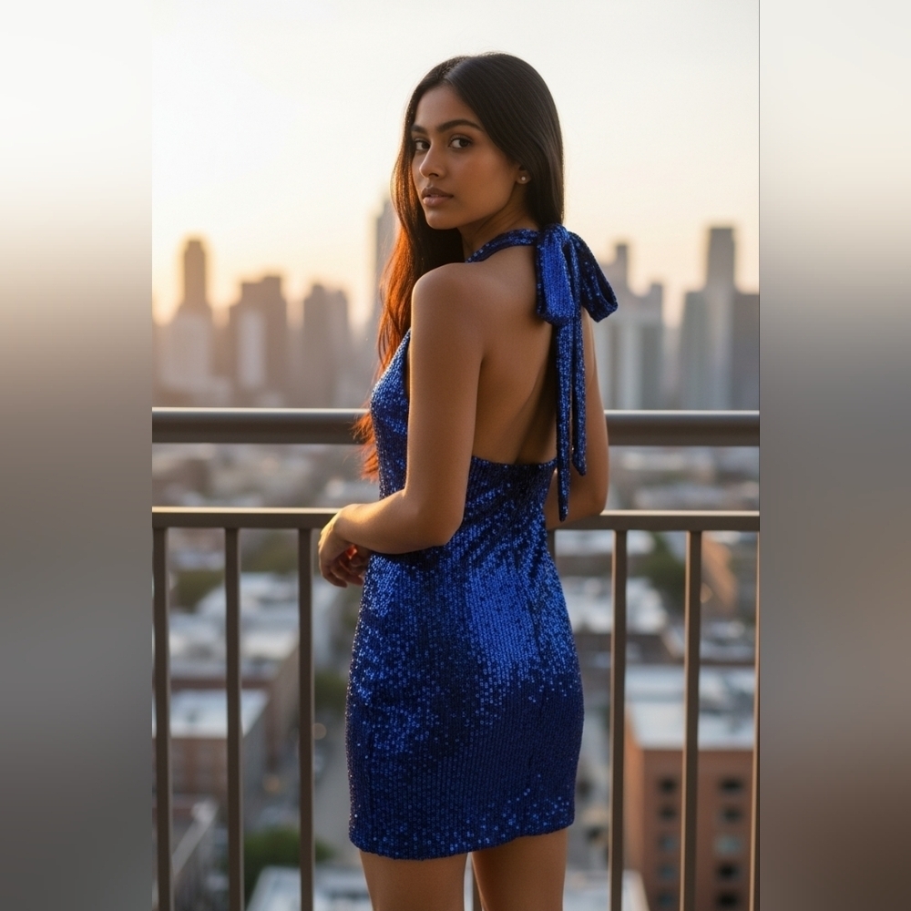 Elegant Blue Sequin Halter Prom, Homecoming Or Party Dress Size 8